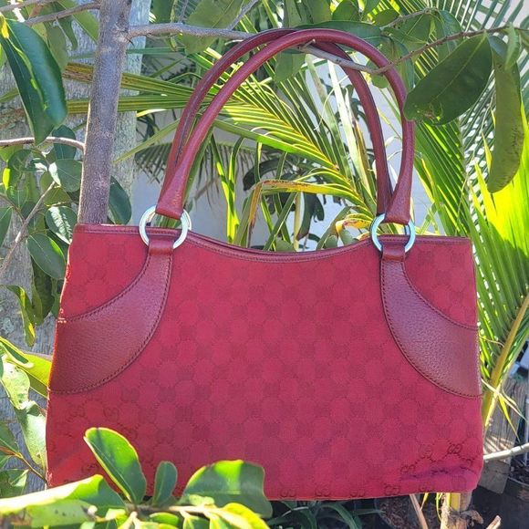 Gucci Jacquard Tote-Red Canvas-Monogrammed Canvas-Red Leather-Ruthenium - Picture 1 of 6